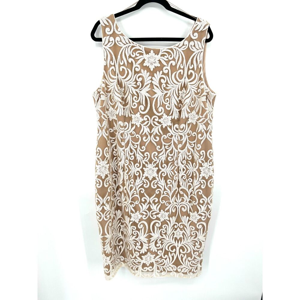 ADRIANNA PAPELL Tan Sequin Embroidered Mesh Sheath Formal Cocktail Dress 18W